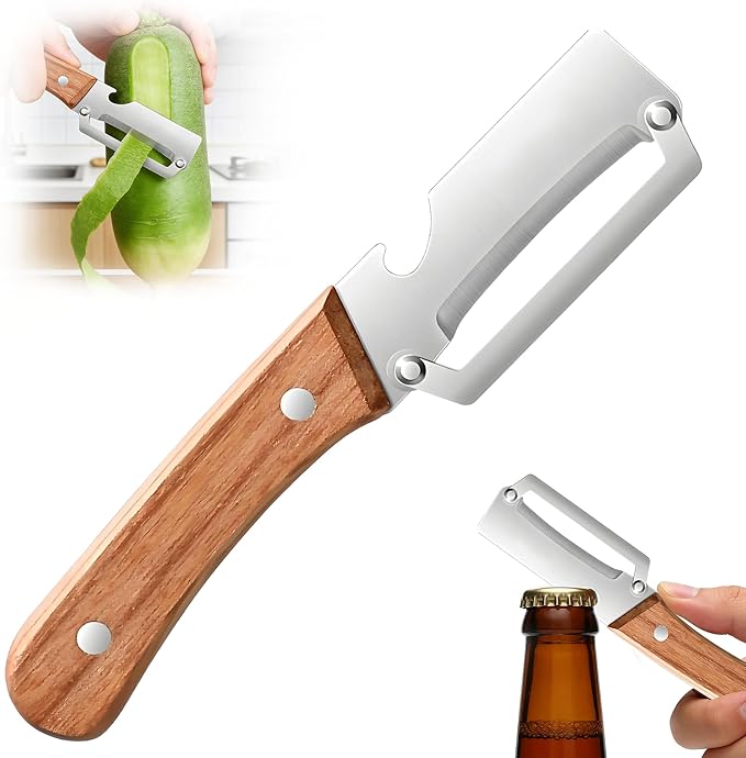 Vegetable Peeler for Kitchen, Stainless Steel Blade with Wooden Handle | 2-in-1 MultiFunctional Fruit Vegetable Peeler, Sharp Wide Blade, Anti-Slip, Bottle Opener, for Potato Apple Pumpkin Prep