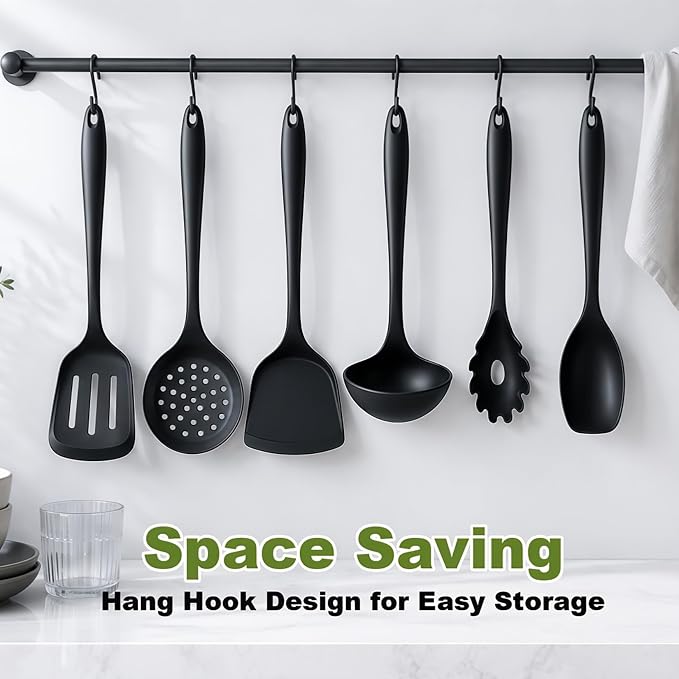 Thickened Silicone Kitchen Utensils Set, Upgrade 6 PCS Nonstick Cooking Utensils Set, Heat Resistant and BPA Free Silicone Utensil Spatula Set for Cooking with Turners, Spoon, Skimmer and Ladle(Black)