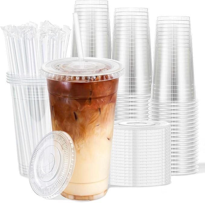 Clawsoff 100 Pack 24 oz Disposable Clear Plastic Cups with Lids and Straws | Leak-Proof Sturdy Cold Drink Cups for Iced Coffee, Smoothies, Juice, Parties & Business