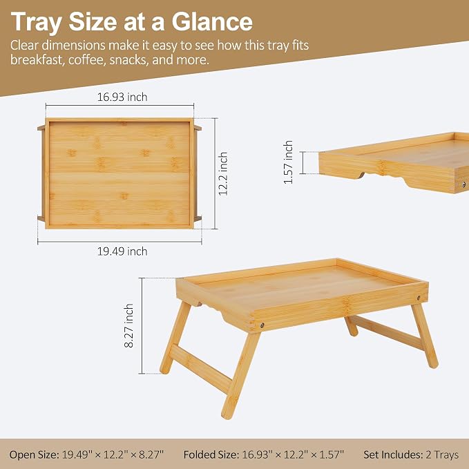 Bamboo Breakfast Trays with Folding Legs, Large, 2-Pack, Natural | Set of 2 large bamboo bed trays with folding legs and wave handles for meals, laptops and serving in bed.
