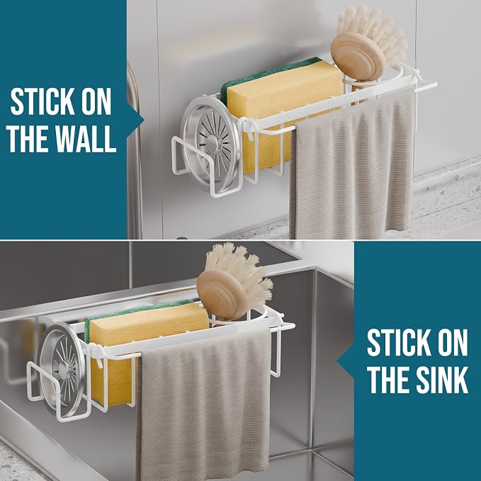 TAILI 4-in-1 Sponge Holder for Kitchen Sink with Strong Suction Cup-White | Removable Rustproof 304 Stainless Steel Multi-compartment Sponge Holder with Suction Cup, Keeps Brushes & Scrubbers Tidy