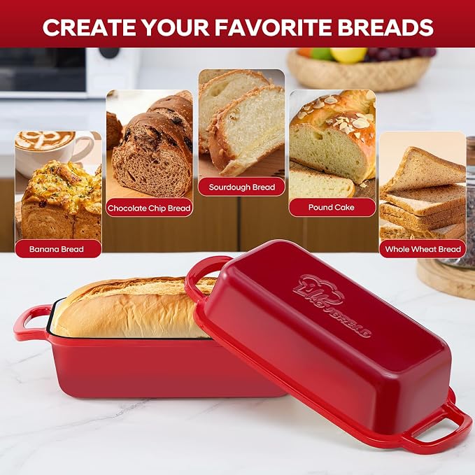 Cast Iron Loaf Pan with Lid 10x5 Inch Enameled Bread Loaf Pan for Sourdough, 2 Piece Set, Red