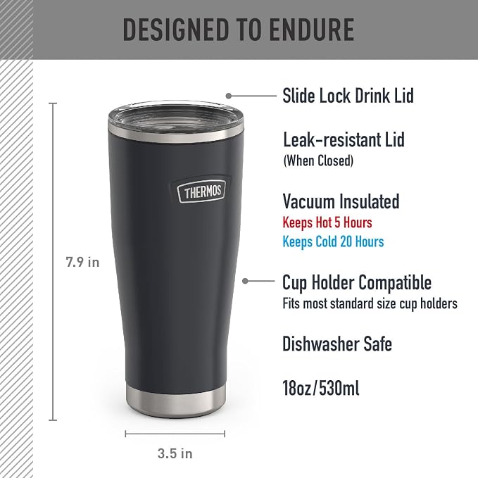 THERMOS ICON SERIES, Stainless Steel Tumbler with Slide Lock, 18 Ounce, Granite