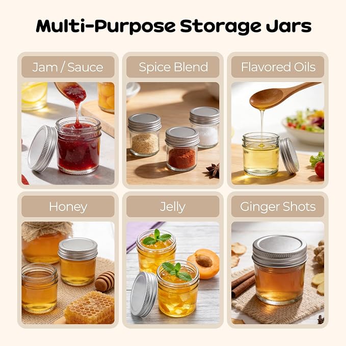 24 Pack 2 oz Mini Mason Jars Bulk Set, Small Glass Jars with Lids | One-piece airtight lids with inner seals; for ginger shots, honey, sauces, spices and wedding favors; labels, twine & tags.