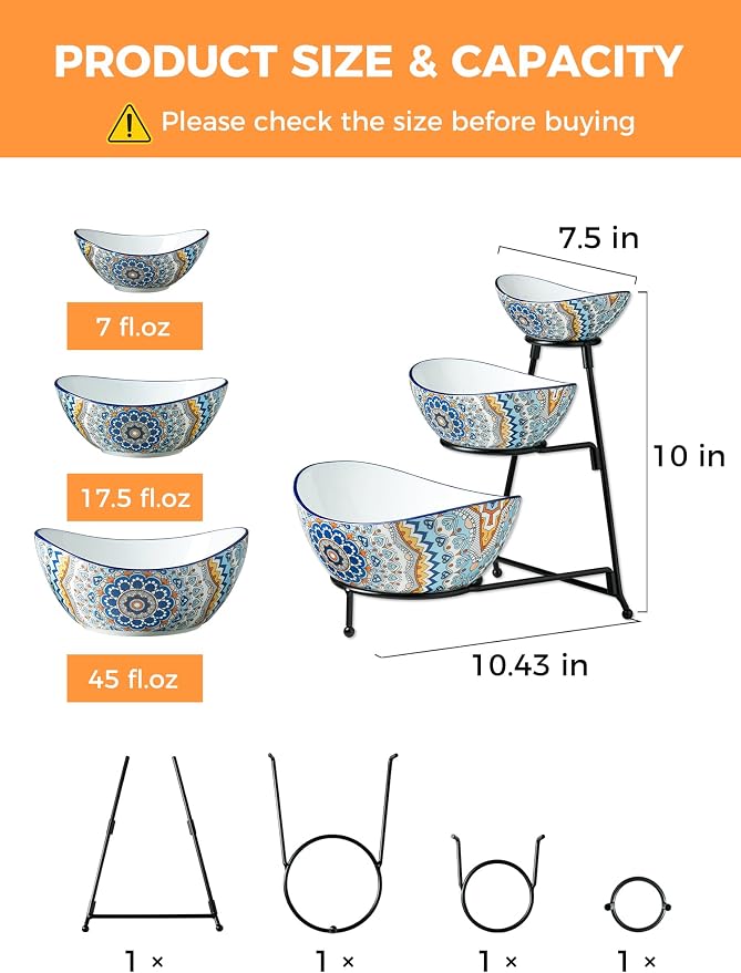 YHOSSEUN 3 Tier Serving Bowls, Serving Dishes for Entertaining Porcelain | Serving Trays and Platters Tiered Bowl Set with Collapsible Thicker Sturdier Metal Rack, Framhouse Kitchen Decor