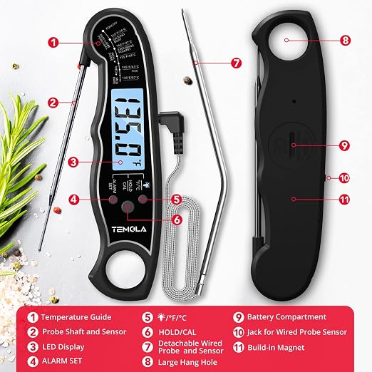 Meat Thermometer, Instant Read Food Thermometer for Cooking, Digital Food Thermometer with LCD Backlight for Candy Fry Grill BBQ Liquids, Kitchen Oven Safe Dual Probe 2 in 1 Thermometer | Digital Food LCD Backlight for Candy Fry Grill BBQ Liquids, Kitc...
