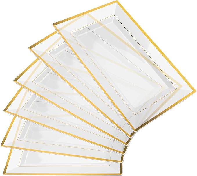 Elegant Plastic Serving Tray & Platter Set (6pk) - Clear & Gold Rim Disposable Serving Trays & Platters for Food - Weddings, Upscale Parties, Dessert Table, Cupcake display - 8x13 inches