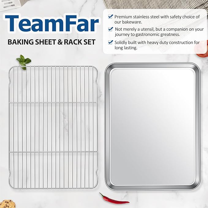 TeamFar Baking Sheet with Cooling Rack Set, 17.6 x 13 x 1 inch | Stainless Steel Half Size Baking Pan Cookie Sheet with Baking Rack, Non Toxic & Heavy Duty, Mirror Finish & Dishwasher Safe