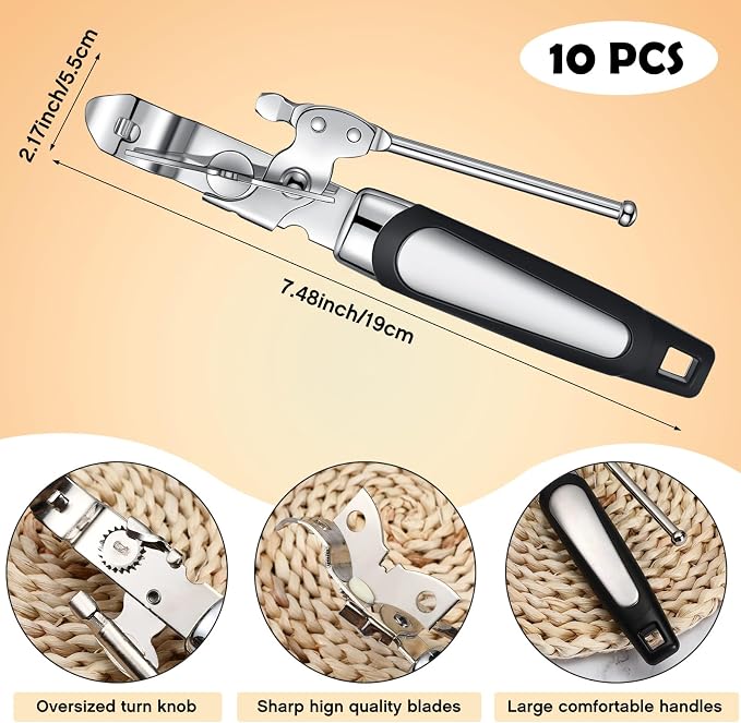 Gisafai 10 Pcs Can Opener Manual Bulk Smooth Edge with Sharp Blade and Soft Non Slip Grip Handle Heavy Duty Handheld Safety Can Opener for Kitchen Restaurant, Black and Silver