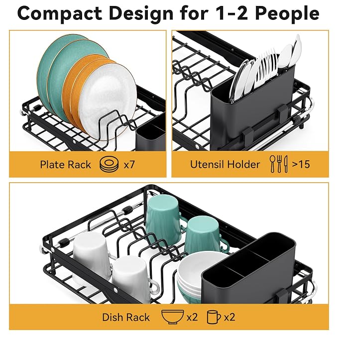 TOOLF Sink Small Dish Drying Rack with Utensil Holder for RV, Apartment | Over Sink Expandable Stainless Steel Dish Drainers for Compact Kitchen, Space Saving, Fast Drain, Rustproof, For 1-2 people