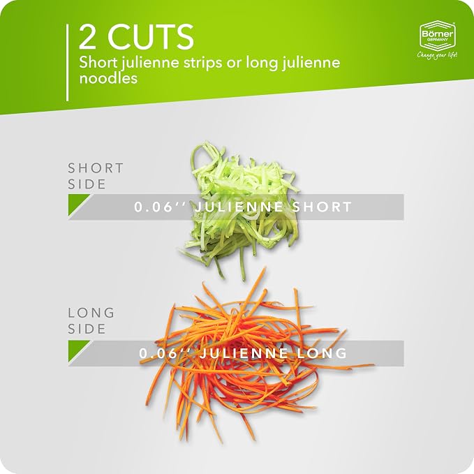 Börner Roko PowerLine Vegetable Slicer • Julienne Cutter for Fruit and Vegetables • Julienne Slicer for Fine Strips • Fine Vegetable Grater • Kitchen Slicer (Green)