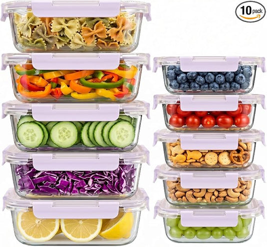 10 Sets 36 oz & 12 oz Glass Food Storage Containers with lids, Purple | 20-Piece Airtight Leak-proof Glass Meal Prep Containers with Lids, Microwave Oven Freezer Dishwasher Safe