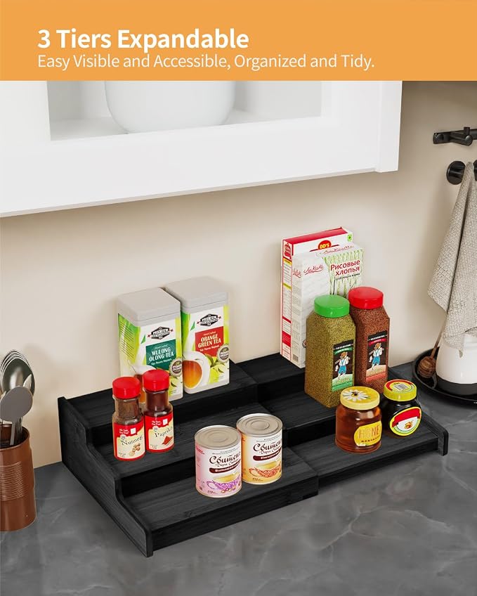 Spice Rack 3-Tier Natural Bamboo, Adjustable Cabinet Organizer Shelf | Expands 8.7-15.6"cabinets. Stepped design, labels visible.Storage organizer saves space, easy wipe. For spices, jars,cans.