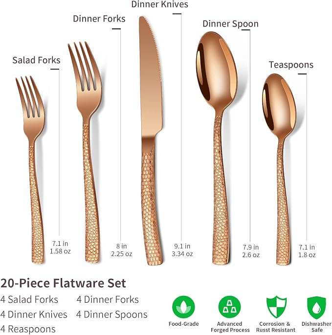 Remoxye 20-Piece Rose Gold Hammered Stainless Steel Flatware Set for 4, Including Fork, Knife, Spoon Set, Home Kitchen Cutlery Sets, Dishwasher Safe