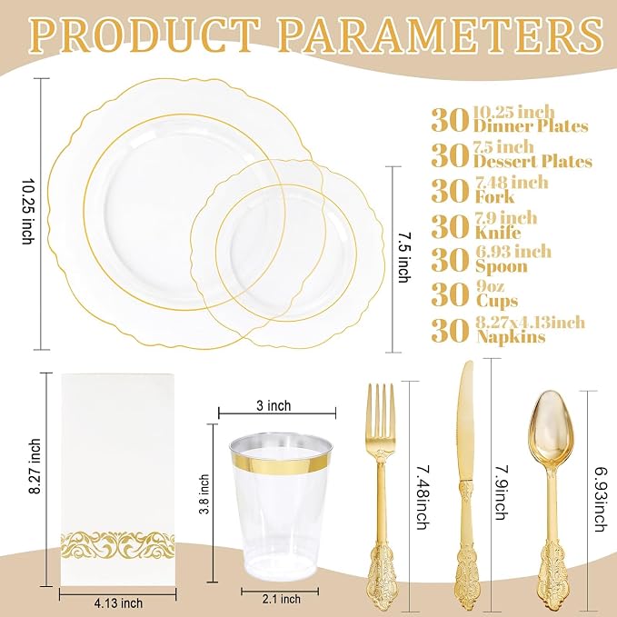 KIRE 210Pcs Clear Plastic Plates with Gold Rim for Wedding/Party | Include 60pcs Clear and Gold Plates, 30pcs Plastic Silverware, 30pcs Napkins and 30pcs Cups Serve 30 Guest