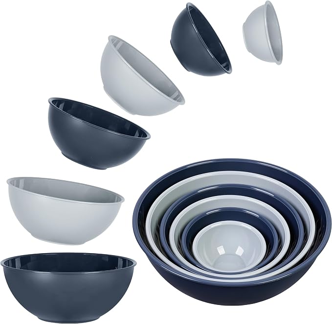 BoxedHome BPA Free Plastic Round Mixing Bowl with Lids, 12 Pack Nesting Bowls with Lids Set, Microwave and Dishwasher Safe Prep & Serving Bowls Great for Mixing, Baking, Serving (Haze Blue, 12pcs)