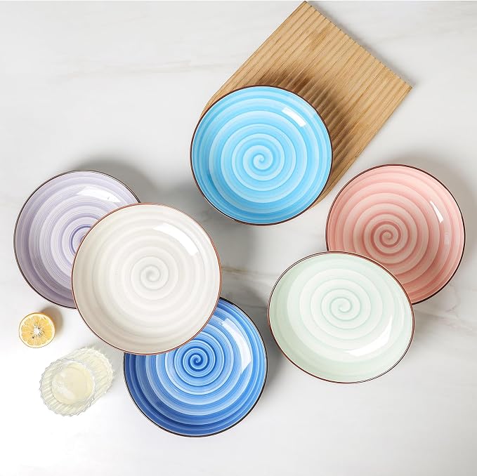 KitchenTour Large Ceramic Pasta Bowls, 34 oz Salad Serving Bowls, Set of 6 | Wide and Shallow Dinner Plate Bowls for Soup, 8.6 Inch, Dishwasher and Microwave Safe, Pastel Swirl