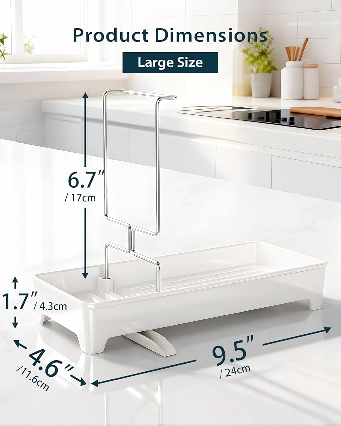 Minimalist Sink Caddy, Rustproof Sponge Holder for Kitchen Sink White | Large Rustproof countertop organizer with 304 stainless steel brush holder, raised ridges and silicone drain tube