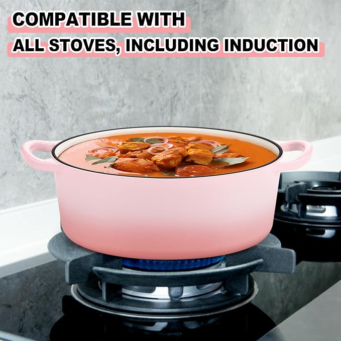 E-far 7QT Oval Dutch Oven Pot with Lid, Enameled Cast Iron Dutch Oven with Dual Handles, Heavy-Duty Cookware for Sourdough Bread Baking, Braising, Stews, Oven Safe & Easy Clean, Pink