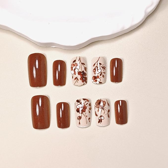 Fall Press on Nails Medium Square Fake Nails with Flower Full Cover Designs Nails Press ons Brown Glue on Nails Glossy Stick on Nails for Women 24 Pcs
