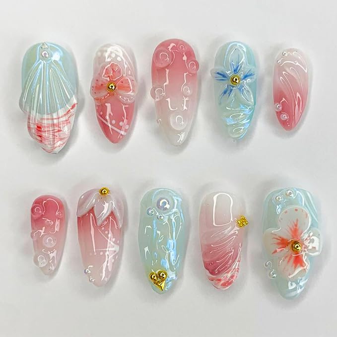 30Pcs Summer Press On Nails Medium Almond Fake Nails with 3D Flower & Gold Bead Design Pink Blue Gradient Glossy False Nails Summer Beach Glue on Nails Reusable Handmade Stick On Nails for Women