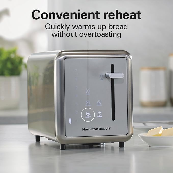 Hamilton Beach 2 Slice Toaster With Advanced Touchscreen & Extra Wide Slots | Browning Control With 7 Shades | Auto Shutoff | Bagel, Defrost, Reheat and Cancel | Brushed Stainless Steel | 22426