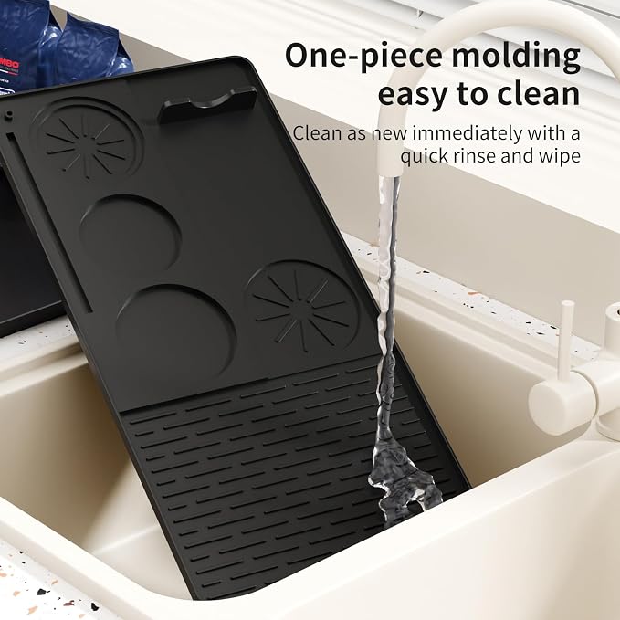 Silicone Coffee Mat 24''x16'',Fits Under Coffee Maker | Detachable Dish Drying Mat& Built-in Tamper Storage – Fits Espresso Machine, Dish Rack
