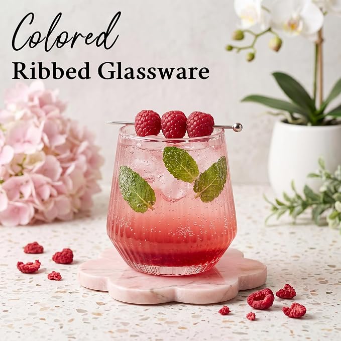 Pink Stemless Wine Glasses Set of 6, 12.5 Oz Lead-Free Ribbed Drinking Glass Cup for Wine, Cocktails, Champagne and Whiskey, Ideal Gifts for Weddings, Bars, Christmas, Halloween,Party, Daily Use