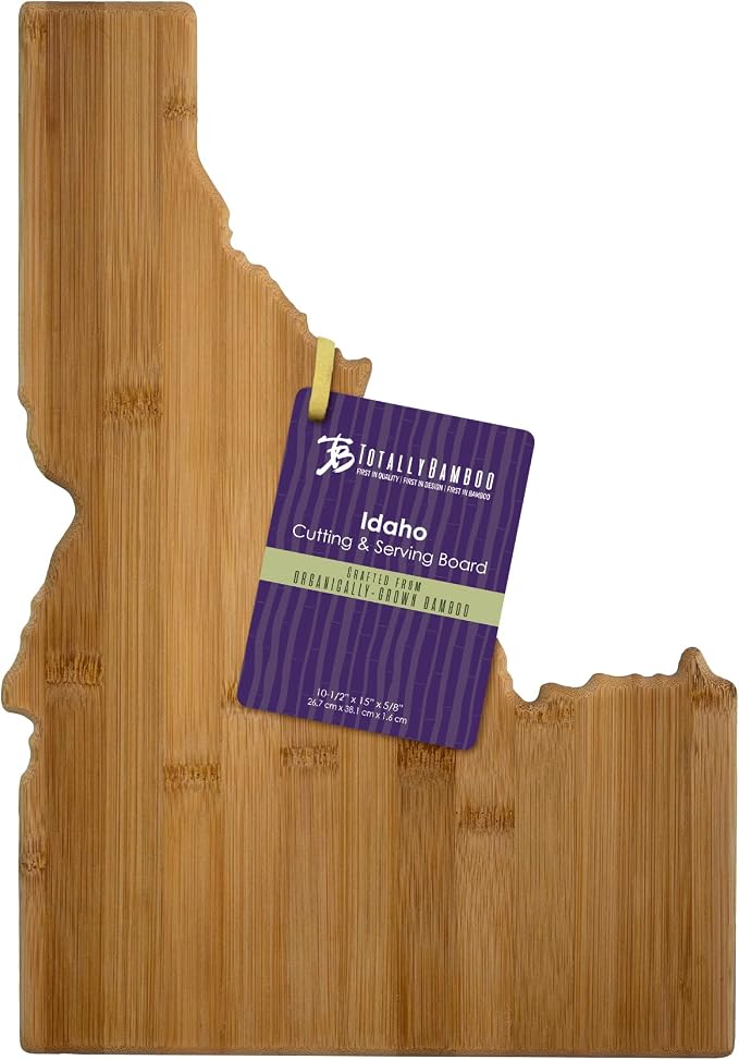 Totally Bamboo Idaho State Shaped Bamboo Serving and Cutting Board | State charcuterie board with natural bamboo grain. Knife-friendly surface for food prep. Hang tie for wall display.
