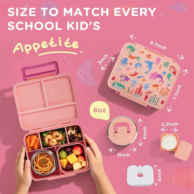 Kids Lunch Bento Box with 8oz Thermo/Ice Pack, BPA-Free, for School | Leak-proof Food Containers with 5 Compartment, Insulated Food Jar, Dishwasher Safe, Easy to Clean, Lunch Box for Girls Boys