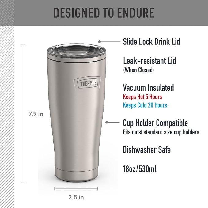 THERMOS ICON SERIES, Stainless Steel Tumbler with Slide Lock, 18 Ounce, Matte Stainless Steel