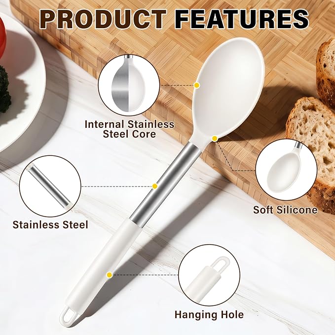 3Pcs Silicone Cooking Spoon Set, Kitchen Utensils Include Solid & Slotted Spoon, Soup Ladle, Food-Grade Heat Resistant 446°F, Non-Scratch Spoons for Serving, Stirring, Draining, Dishwasher Safe, Beige