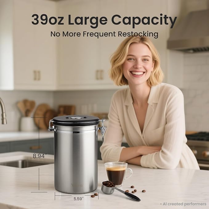 Veken Coffee Canister,39OZ, 2.2lbs,Large Airtight Stainless Steel Container | Kitchen Food Storage Jars for Beans,Ground, Espresso, Rice,Tea, Sugar, Cereal, Cookie,Gifts, Lids, Scoop, Silver