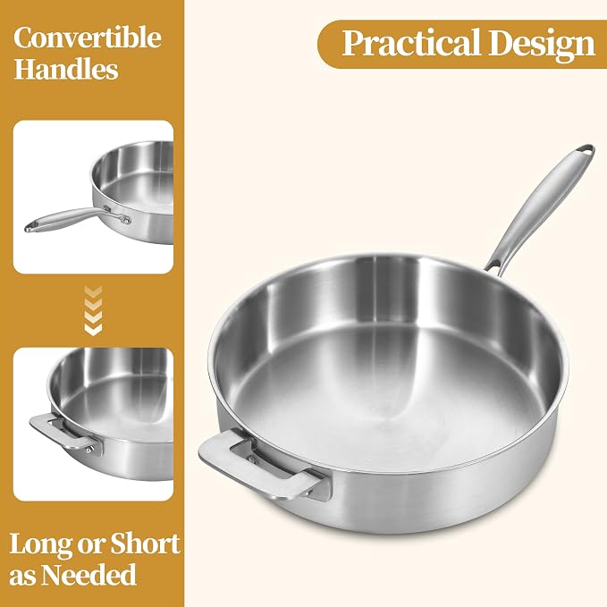 8.5-10 Inch & 6QT Tri-Ply Stainless Steel Pan Set wih Lid | Multi-Purpose | Induction Cooking Skillet | Jumbo Cooker | Dishwasher & Oven Safe | Compatible with All Cooktops | Two Handles for Conversion