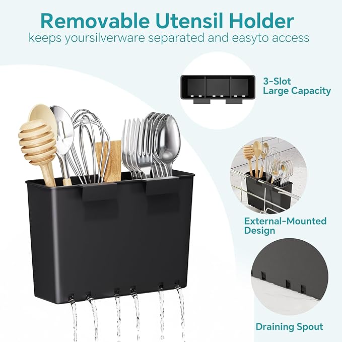 Simple Trending Adjustable Dish Drying Rack in Sink with Utensil Holder | Expandable Dish Rack, Dish Drainer Over Sink for Small Kitchen, Space Saving, Fast Drain, Non-Slip Feet, Fit Most Sink