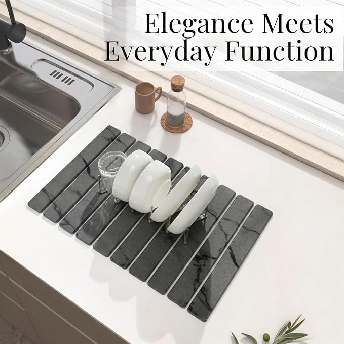 Diatomaceous Stone Dish Drying Mat with Collapsible Steel Rack - Quick Dry Kitchen Counter Set, Space Saving Foldable Dryer (Gray Marble, 23.6" x 15.3")