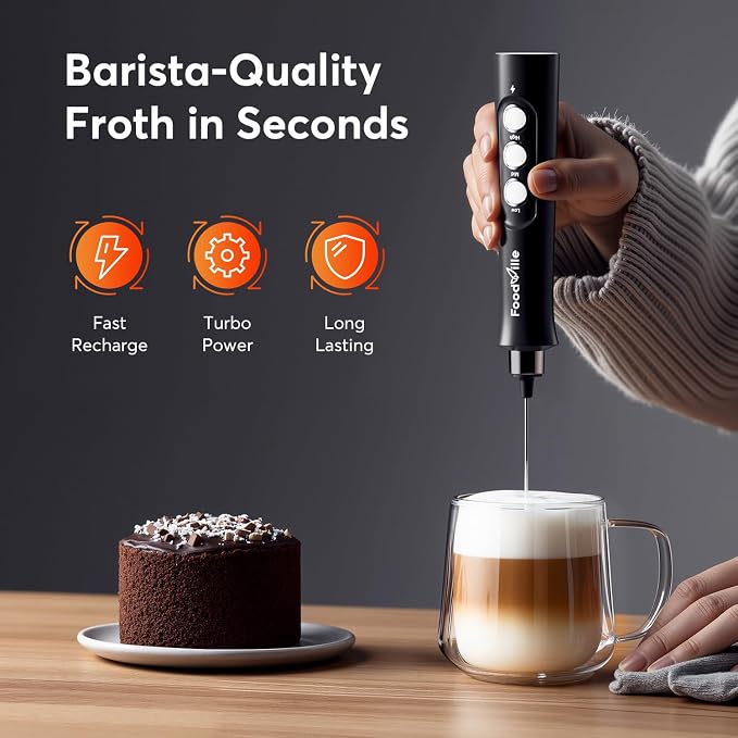 MF02 Rechargeable Milk Frother Handheld Foam Maker with Stainless Whisk for Cappuccino, Latte, Bulletproof Coffee, Keto Diet, Protein Powder, Matcha (Dark Black)