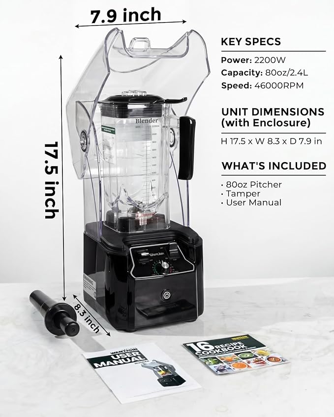 WantJoin Professional Commercial Blender With Shield Quiet Sound Enclosure 2200W Industries Strong and Quiet Professional-Grade Power, Self-Cleaning, Black