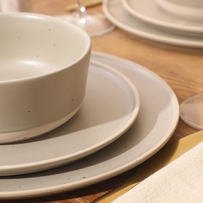 Gibson Elite Humphrey Lane 12 Piece (Service for 4) Plates and Bowls Reactive Glaze Dishes Stoneware Ceramic Dinnerware Set - Taupe