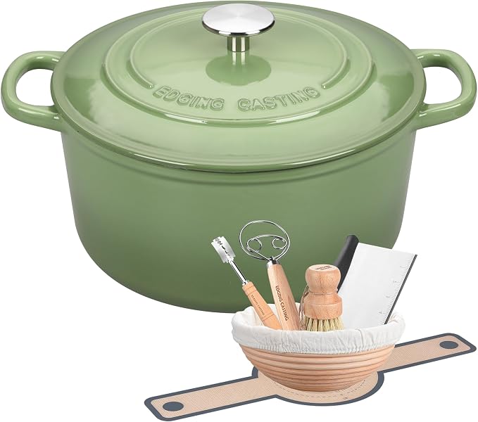 EDGING CASTING Enameled Cast Iron Dutch Oven with Sourdough Bread Baking Kit, Bread Dutch Oven with Lid, Includes Proofing Basket & Baking Tools, 5qt, Pistachio Green