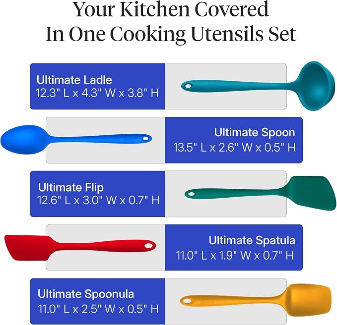 GIR: Get It Right 5-Piece Silicone Ultimate Kitchen Utensils Set - Ladle, Spatula, Flip, Spoon & Spoonula - Non-Toxic Cooking Utensils for Nonstick Cookware, Cooking and Baking - Madrid