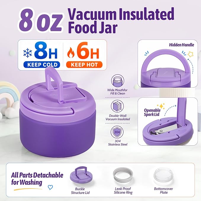 Bento Lunch Box Set for Kids with 8 oz Soup Thermo, Leakproof Hot Food Container with 4 Compartments, Insulated Food Jar for Toddler Daycare Boys Girls School - Purple
