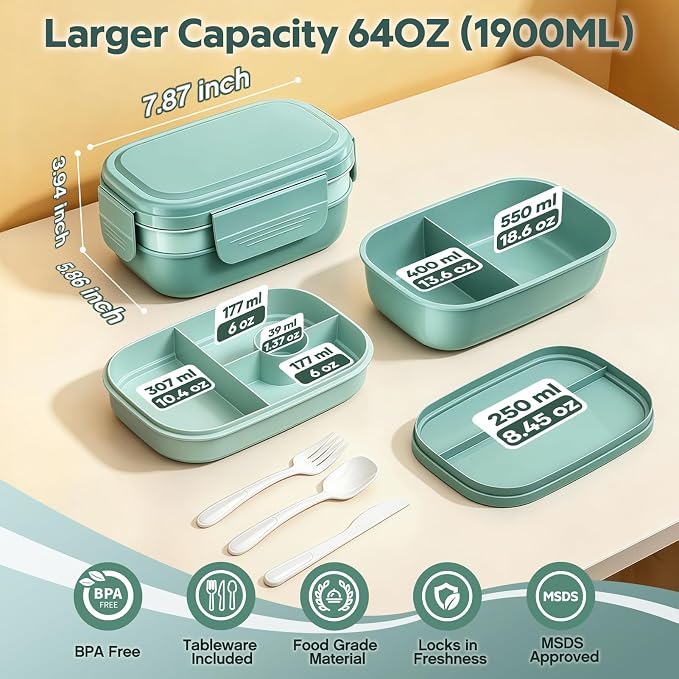 HOMETALL Bento Box Adult with Insulated Lunch Bag - 3 Stackable Leak-Proof Lunch Box Containers for Women & Men - BPA Free Lunchbox with Utensil Set (Spoon, Knife, Fork) for Work, Picnic, Dining Out