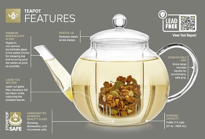 Teabloom Stovetop & Microwave Safe Glass Teapot with Removable Loose Tea Glass Infuser – Includes 2 Blooming Teas – 2-in-1 Tea Kettle and Tea Maker – Tea Purist's Choice