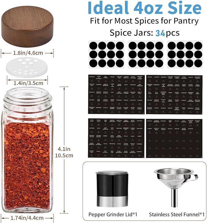 Glass Spice Containers for Kitchen: 34P 4oz Dishwasher Safe Jars | Durable Glass Jars for Cooking Enthusiasts- Airtight Acacia lid 500X Open-Close no Loose - Gift/Daily Use for Housewives