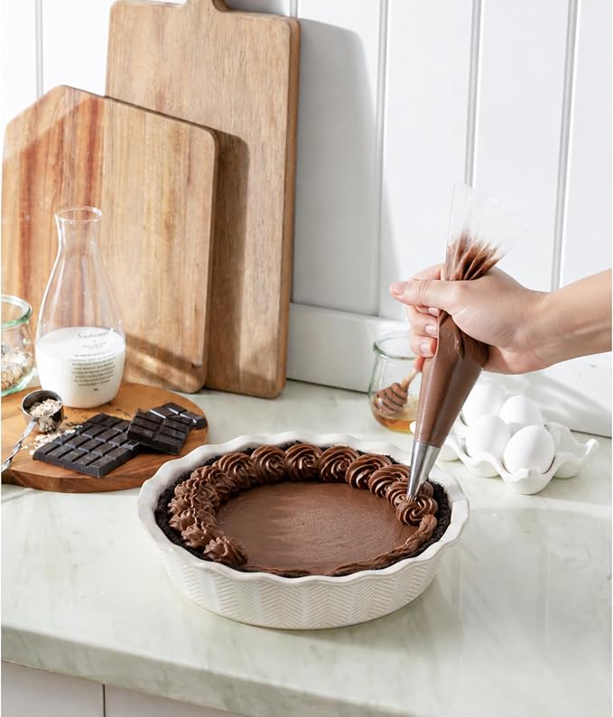 Deep Pie Dish for Baking, Ceramic Pie Pan for Apple Pie, Tart, Quiche Baking Dish, Farmhouse Decor Pie Plate, Deep Dish Pie Pan, Oven Safe, Off-White, Wave