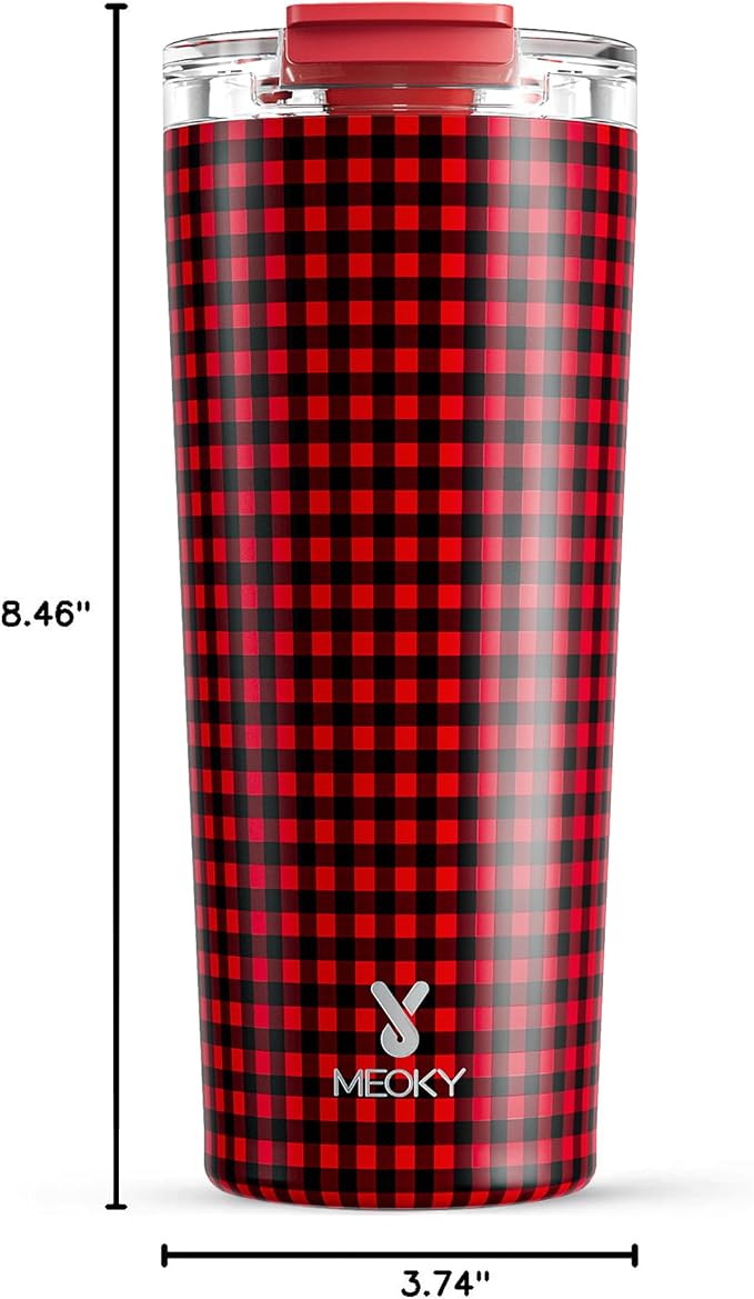 Meoky 24 oz Insulated Travel Coffee Mug: Leak Proof Lid, Crimson Plaid | Stainless Steel Coffee Tumbler, Keeps Hot for 8 Hours or Cold for 24 Hours, Fits in Car Cup Holder, BPA Free