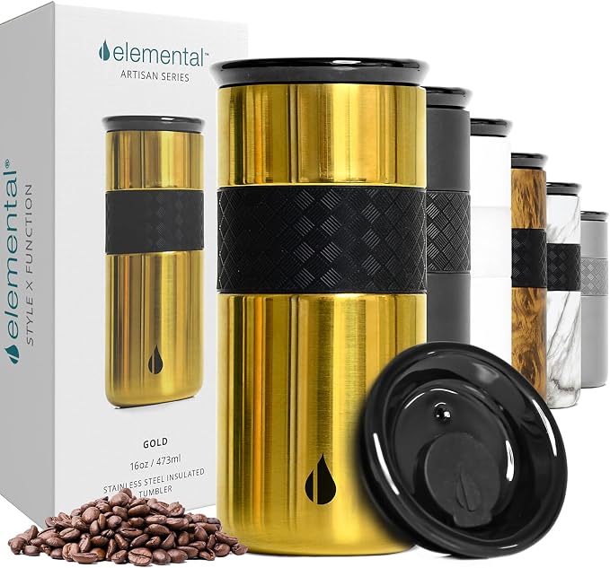 Elemental Artisan 16oz Triple-Wall Insulated Coffee Tumbler w/Ceramic Lid | Triple Wall Coffee Travel Mug, Reusable Stainless Steel Coffee Tumbler; Thermal Coffee Cups for Hot (6 Hrs) & Cold (18 Hrs)