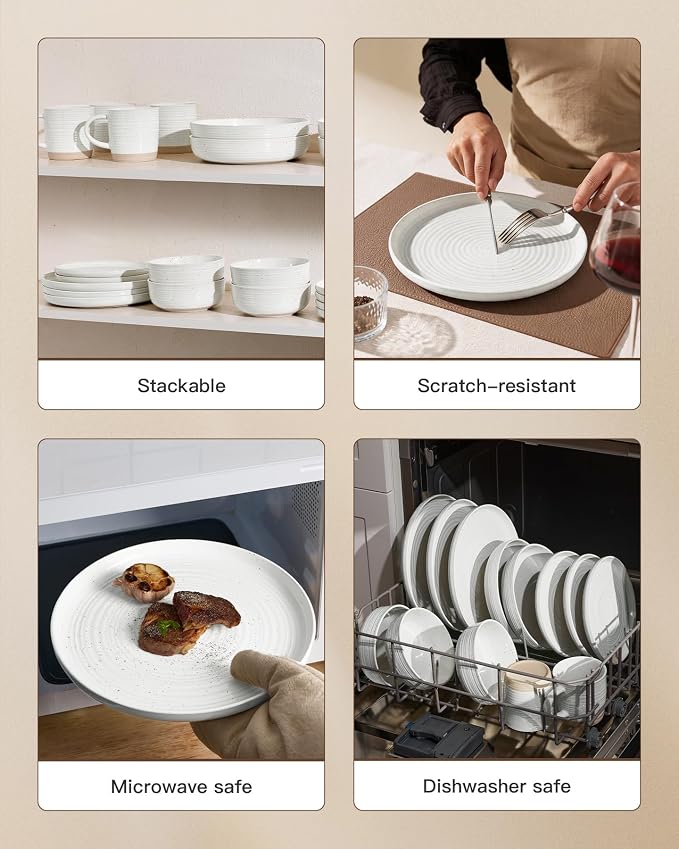 Stoneware Dinnerware Sets for 8, Plates and Bowls, White | 24-Piece Ceramic Speckled Spiral Dishes, Chip & Scratch Resistant, Microwave & Dishwasher Safe, Everyday Use, Farmhouse Style