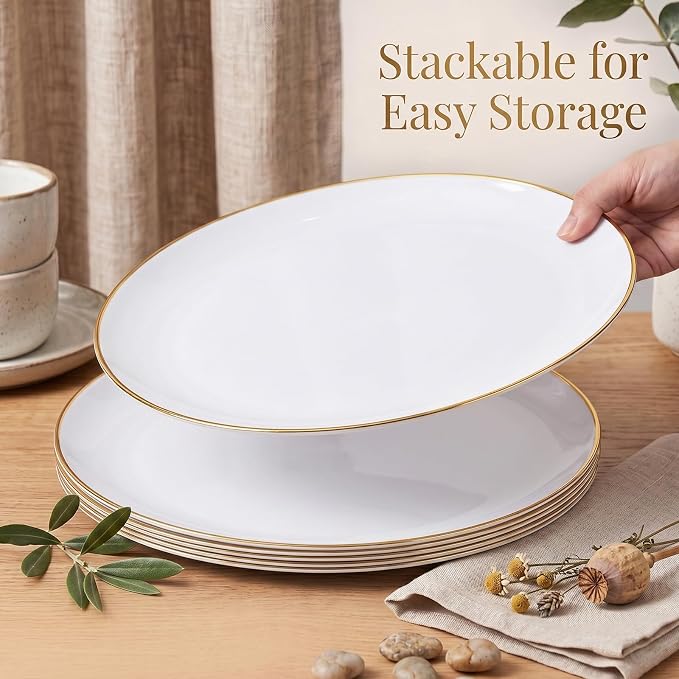 6Pcs Gold Plastic Serving Trays - 12 Inch White and Gold Oval Disposable Plates - Heavy Duty White Plastic Serving Platters for Wedding/Birthday/Dinner Party/BBQ/Holiday Gatherings